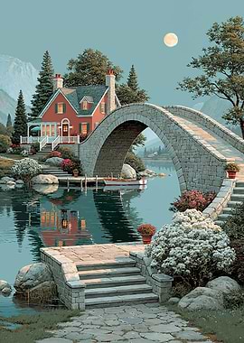 Tranquil Lakeside Cottage with Stone Bridge