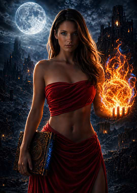 Sorceress with Fireball and Ancient Book