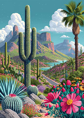 Vibrant Desert Landscape with Cacti and Mountains