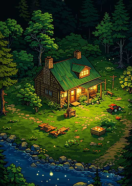 Cozy Cabin by the River at Night