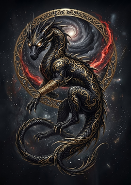 A majestic black Dragon with Golden Ornaments