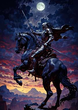 Knight on Horseback Under Moon