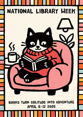 Reading Cat Library Poster