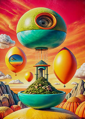 Surreal alien landscape with floating orbs