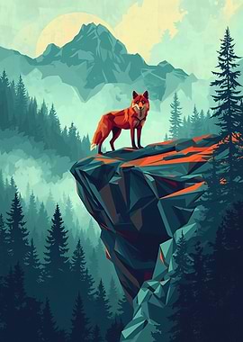 Polygonal Fox Standing on Cliff Above a Misty Forest
