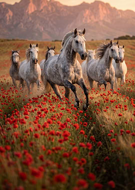 Horses running through a poppy field
