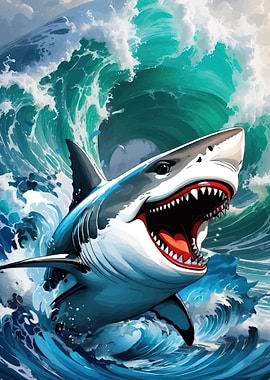 Shark breaching in a wave