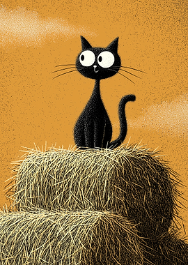 Cute Black Cat on Hay Bales