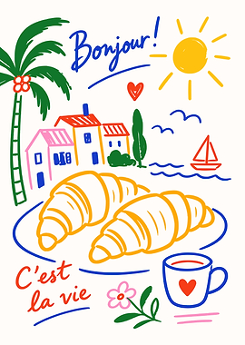 Bonjour Croissant Cafe Poster Print