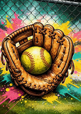 Softball Glove with Ball and Splatter Background