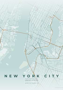 New York City Teal Green Map Art