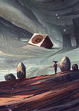Mysterious Cube Clock in a Surreal Landscape
