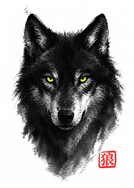 Black Wolf with Yellow Eyes