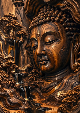 Buddha Waterfall Wood Carving