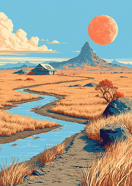 Surreal Landscape with House and Giant Moon