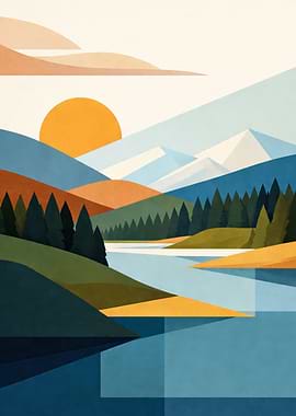 Sunset Forest Lake Poster