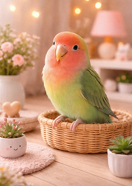 Cute Lovebird in a Wicker Basket