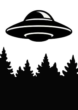 UFO Hovers Over a Forest in silhouette