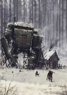 Winter Mech and Cabin Scene