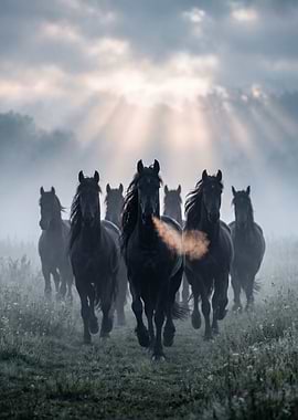 Black horses running in misty field
