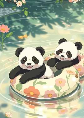 Two Pandas Enjoying a Swim