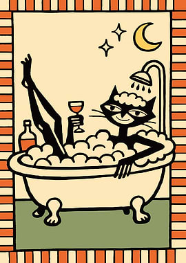 Moonlight Bath Cat Poster