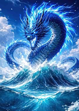 Blue Dragon Emerging from Waves