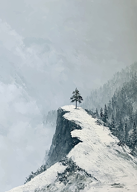 Lone Tree on Snowy Cliff