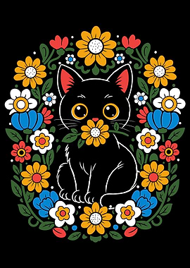 Cute Black Cat with Flowers