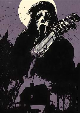 Ghostface with Knife and Haunted House