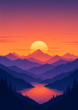 Sunset Over Mountain Lake