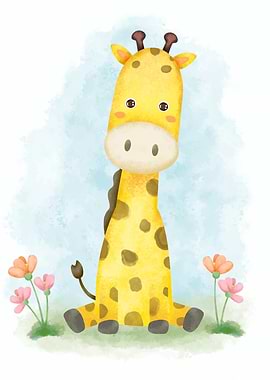 Cute Watercolor Giraffe Sitting with Flowers