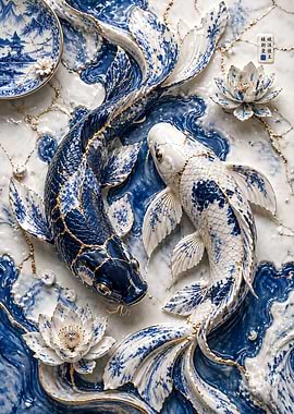 Blue and White Koi Fish with Lotus Flowers
