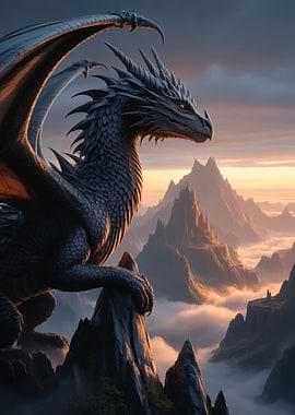 Dragon Overlooking Misty Mountains