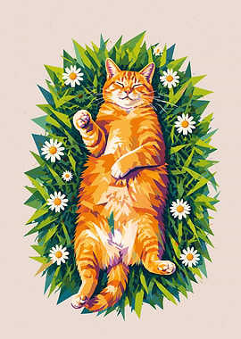 Orange Cat Lounging in Daisies