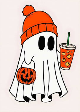 Cute Ghost with Pumpkin and Drink