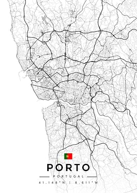 Porto Portugal Map with Flag and Coordinates