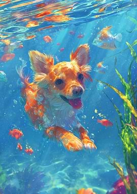 Dog swimming with fish