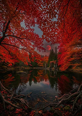 Autumnal Moonlit Ruins by the Lake
