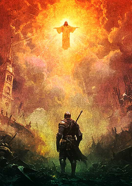 Knight Gazes at Divine Figure Above Ruined City