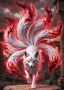 Nine-Tailed Fox with Fiery Aura