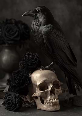 Raven on Skull with Black Roses
