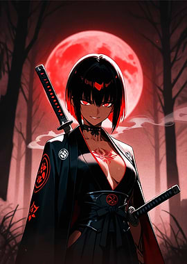Anime Samurai Woman Under Red Moon