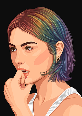 Gracie Abrams with colorful hair biting nails