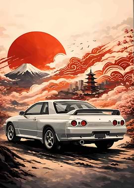 Nissan Skyline R32 with Mount Fuji