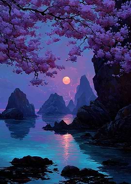 Enchanting Moonlit Cherry Blossom Landscape