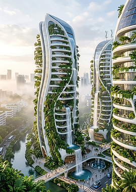 Futuristic Eco-City with Waterfalls