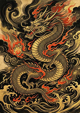 Dragon with Fire and Waves