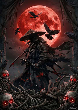 Bloody Moon Samurai with Crows and Skulls