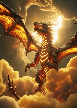 Fiery Dragon in Stormy Clouds